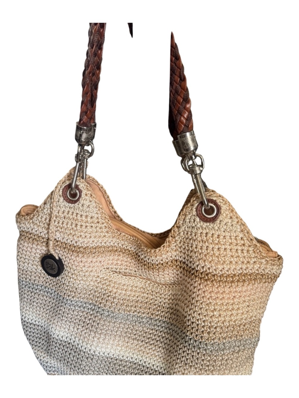 The Sak Tan and Brown Woven Shoulder Bag with Metal Accents - EUC